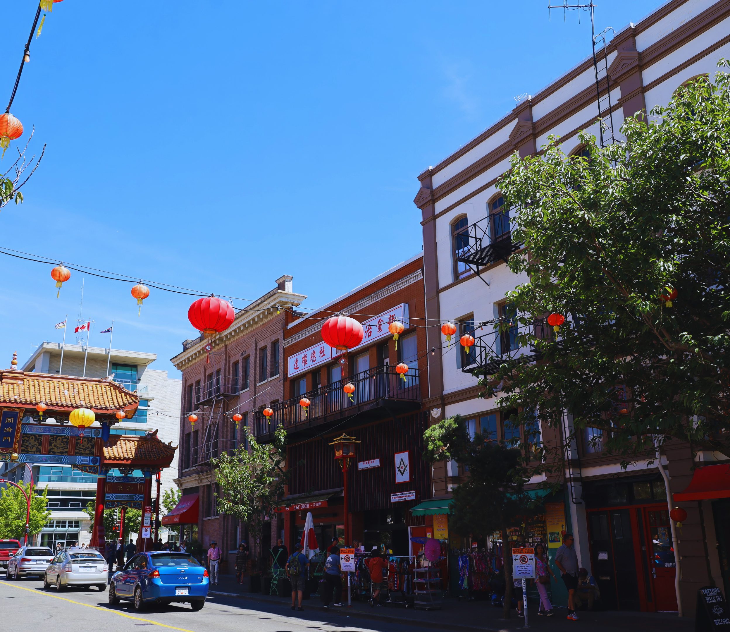 View of shops and lanterns on Fisgard Street in Chinatown in Victoria, British Columbia.