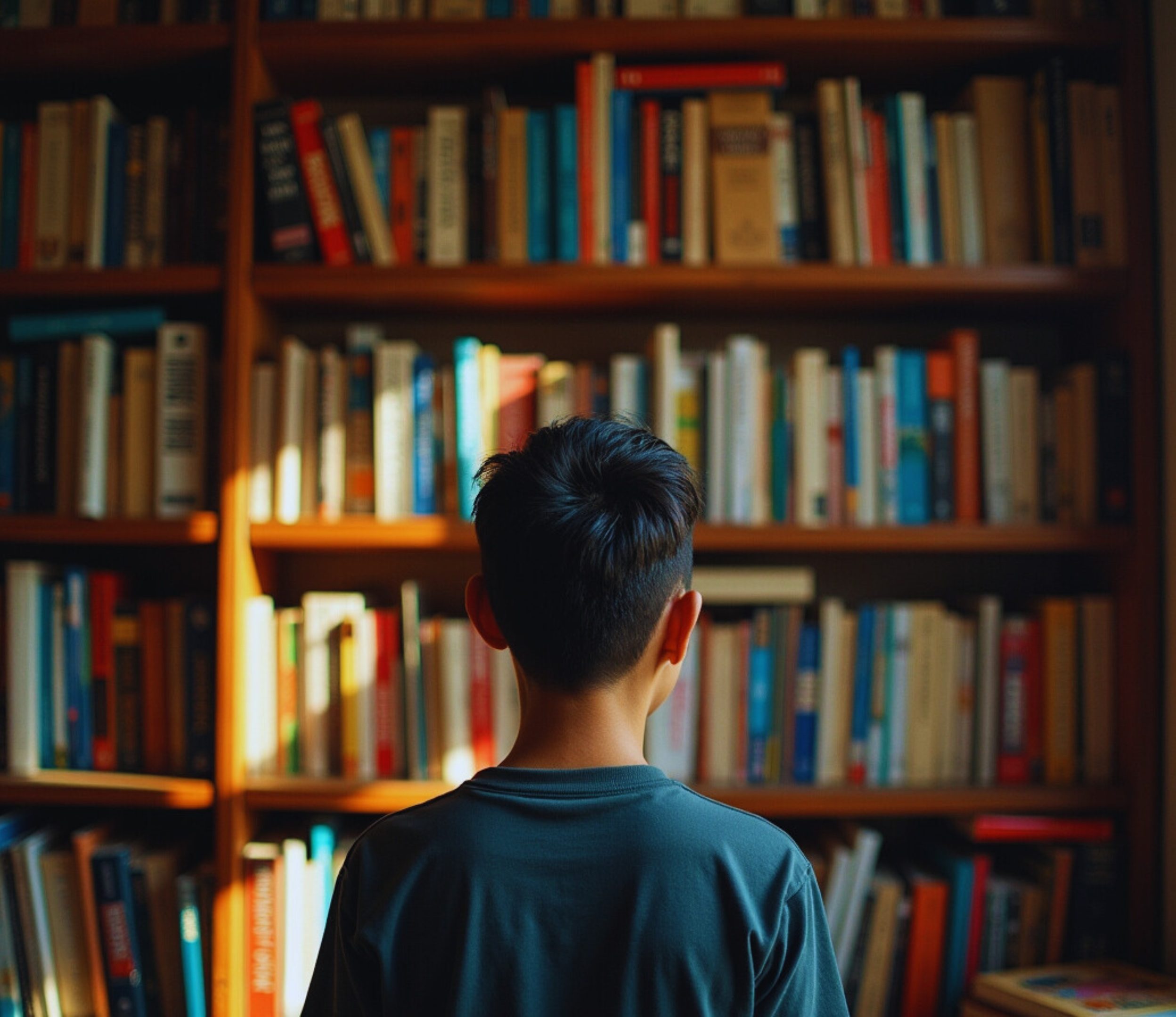 Library_EducationandLearning_Header Kid standing in front of bookshelf at library.