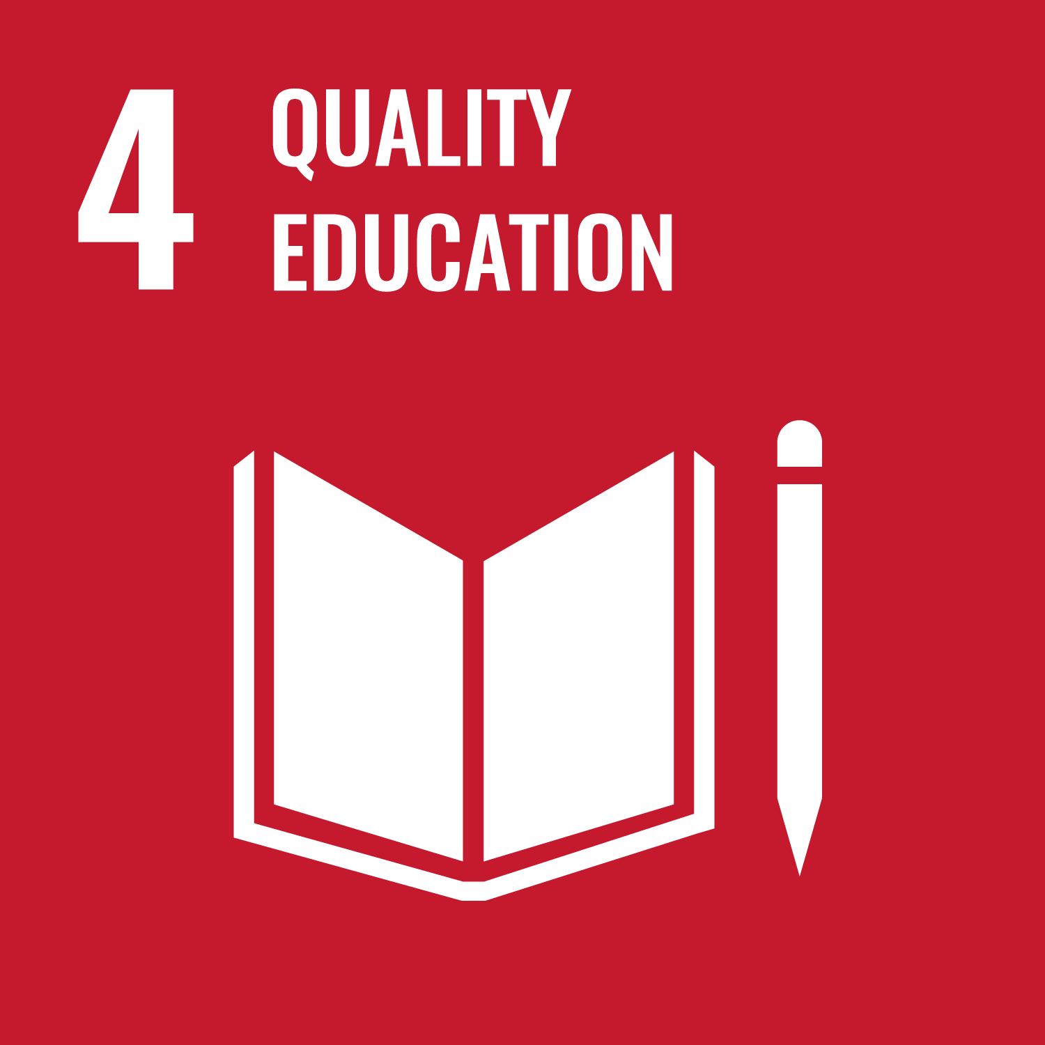 SDG Goal 4 SDG Goal 4 - Quality Education. Red background with book and pencil.