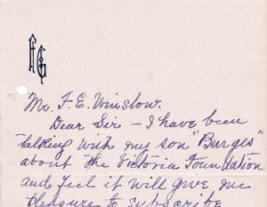 Historical photo - Note that accompanied first donation from Fanny Gadsden