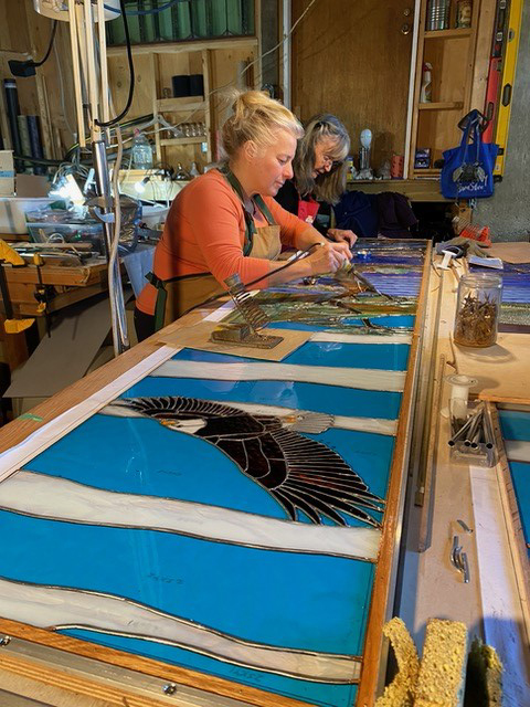 Nicky and Donna working on stained glass panel for Cowichan Hospice House