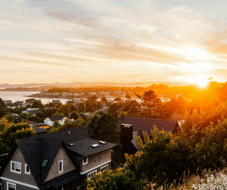A sunset rooftop view of Victoria.