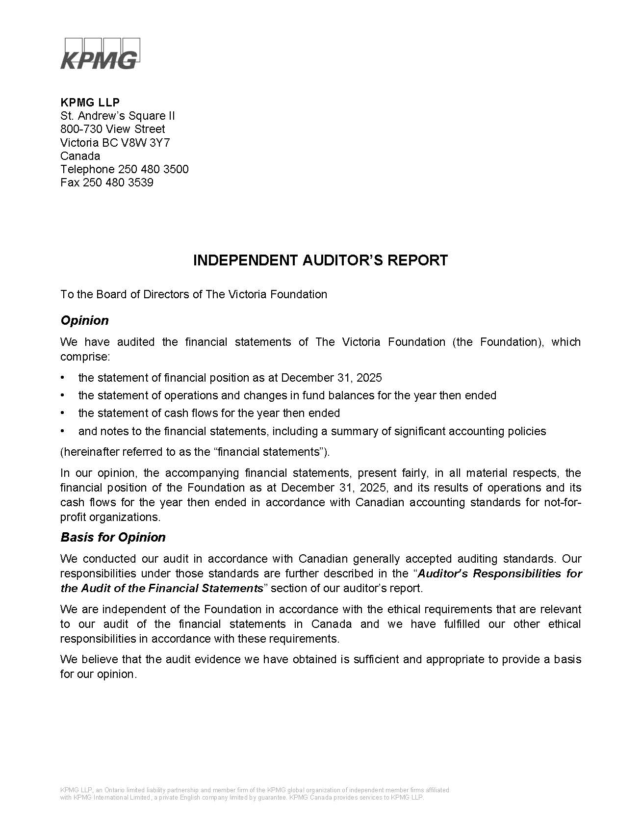 VF 2025 Audited FS Signed FINAL_Page_02 Victoria Foundation 2025 Audited Financial Statement Letter